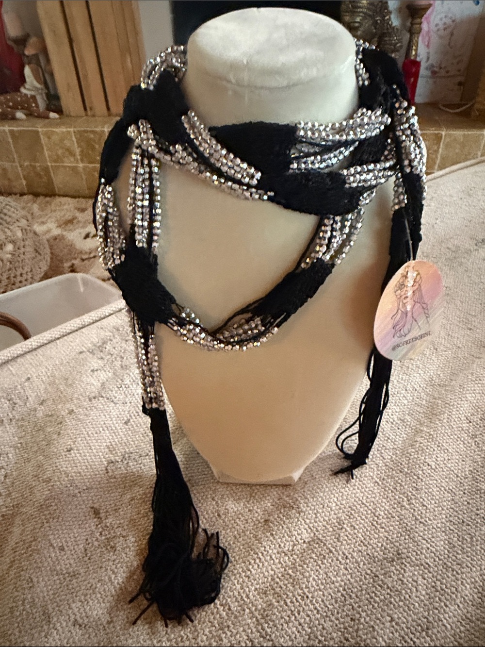 Free People Black Braided Beaded Scarf Wrap